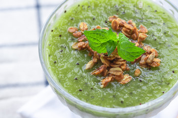 Milk dessert with kiwi. Pana cotta with green kiwi jelly in glass bowls. Sweet breakfast in bright colors.