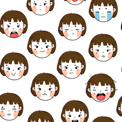 Kawaii girl with dark brown hair. Various face emotions. Cute funny character. Hand drawn vector seamless pattern. Colored trendy illustration. Flat design