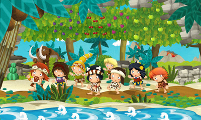 cartoon scene with cavemen traveling near the stream with mammoths illustration for children