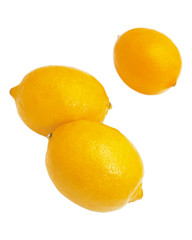 Three lemons isolated on white background. Tropical fruit. Flat lay, top view