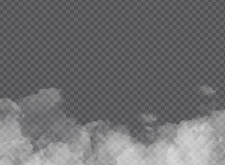 Fog or smoke isolated transparent special effect. White vector clouds, fog or smog background. Vector illustration