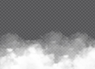 Fog or smoke isolated transparent special effect. White vector clouds, fog or smog background. Vector illustration