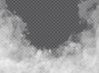 Fog or smoke isolated transparent special effect. White vector clouds, fog or smog background. Vector illustration