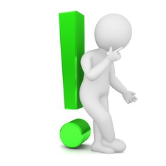 exclamation mark exclamation point orange 3d with white thinking asking stick figure man person character isolated on white