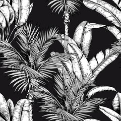 Modèle sans couture avec palmiers tropicaux et feuilles de bananier. Vecteur noir et blanc. Illustration dessinée à la main.