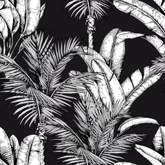 Tapeten Nahtloses Muster mit tropischen Palmen und Bananenblättern. Schwarz-Weiß-Vektor. Handgezeichnete Abbildung. © JeannaDraw