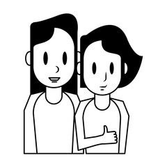 Young couple cartoon profile isolated in black and white