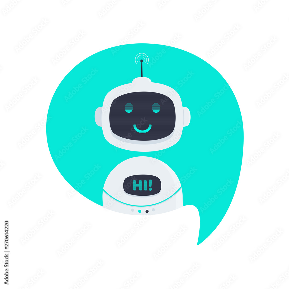 Poster robot chatbot icon sign in the speech bubble flat style design vector illustration isolated on white