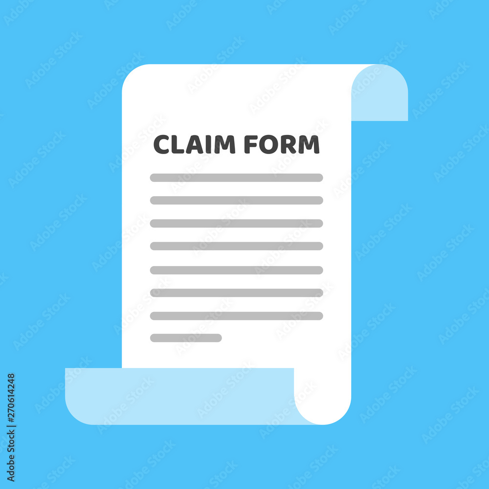 Poster paper sheet with claim form to fill out and text on it and pen flat style design isolated on light b