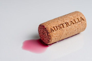 Wine cork isolated on the white. Recording the Country Name Australia.