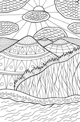 Cartoon doodle landscape. Mountains, river, clouds, sun, forest. Ink line artwork. Vector illustration