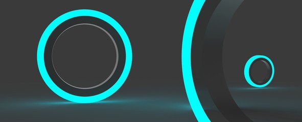 Render de aros de luz abstracto. Fondo tridimensional con reflejo y luces neón, objetos simples de colores. © Dewing