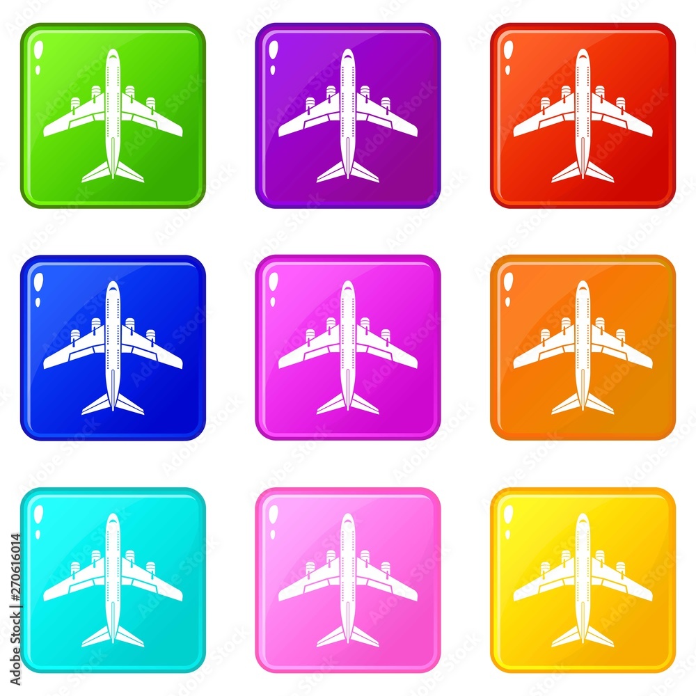 Poster flying plane icons set 9 color collection isolated on white for any design