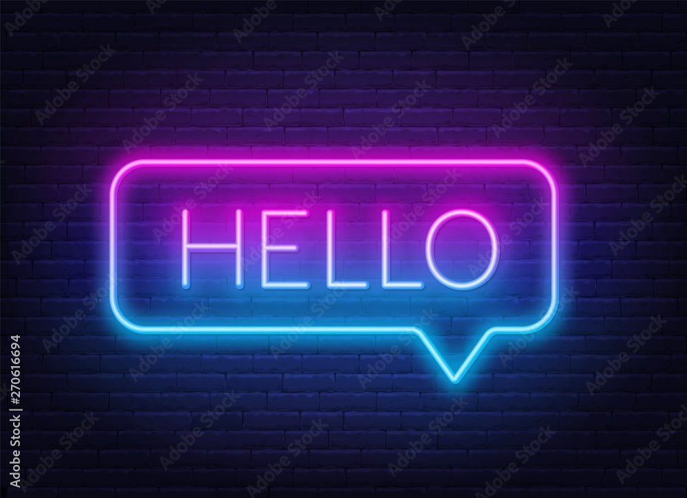 Poster neon gradient sign of word hello in speech bubble frame on dark background. light banner on the wall
