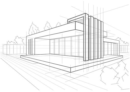 abstract architectural linear sketch modern cottage on white background