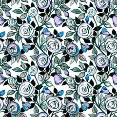 Floral seamless pattern with roses. Handmade acrylic. Design of wallpaper, fabric.