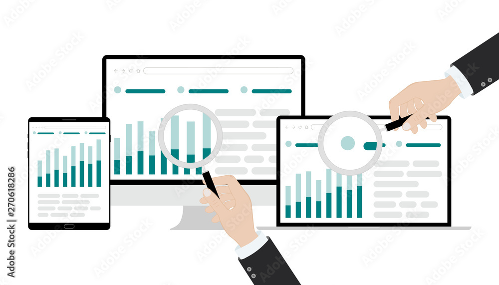 Poster vector illustration of data analysis business information research solution concept with 