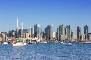 Fototapeta na wymiar San Diego skyline California downtown city sea skyscrapers boats