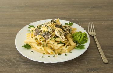 Chicken with mushrooms, pasta, cheese and zucchini sauce