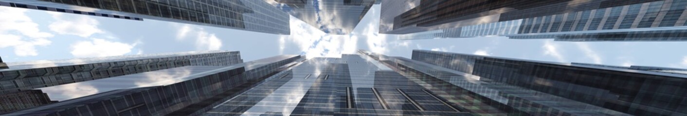 Skyscrapers panoramic view from below, sky with clouds and modern high-rise buildings, 3d rendering © ustas
