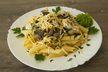 Chicken with mushrooms, pasta, cheese and zucchini sauce