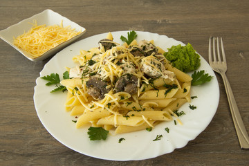 Chicken with mushrooms, pasta, cheese and zucchini sauce