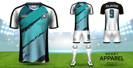 Soccer Jersey and Football Kit (Short Sleeve) Presentation Mockup Template, Front and Back View Including Sportswear Uniform, Shorts and Socks and it is Fully Customization for Fantasy Ideas Concept.