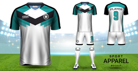 Soccer Jersey and Football Kit (Short Sleeve) Presentation Mockup Template, Front and Back View Including Sportswear Uniform, Shorts and Socks and it is Fully Customization for Fantasy Ideas Concept.