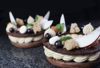 Two chocolate Paris Brest choux pastry rings with hazelnut ganache, nuts, apple slices, black currants and hazelnut sponge on dark background