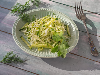 Light salad with fresh katusta and cucumbers with spicy herbs on a round lettuce plate on a plank table a few sprigs of spicy herbs, a table fork