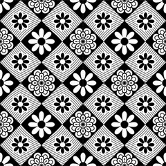 Vector abstract floral seamless pattern, ornamental background, repeat geometric tiles, flower figures, curved lines, grid, lattice. Elegant monochrome ornament texture.