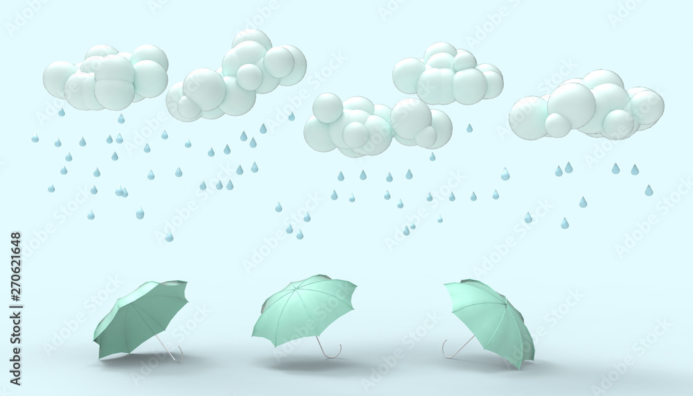 Poster rain clouds on paste blue and three blue umbrellas background - 3d rendering