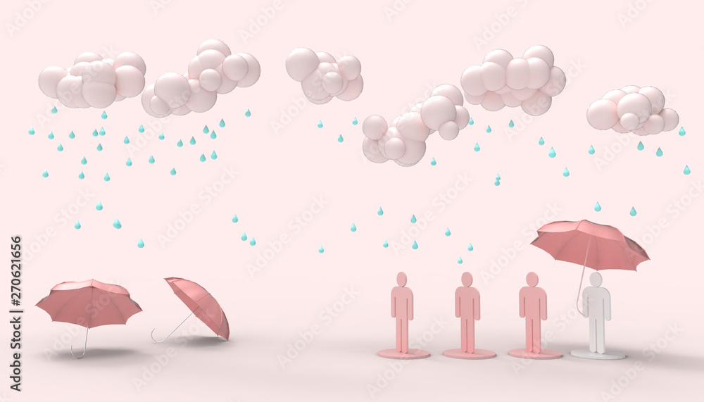 Poster rain clouds pink monochrome minimal and people holding umbrellas and queue up symbol concept modern 