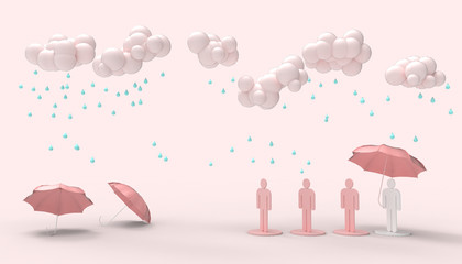 Rain clouds Pink  Monochrome minimal and People holding umbrellas and queue up Symbol concept Modern art on Pink  background - 3d rendering