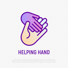Obraz premium Helping hand: child hand in adult. Thin line icon. Modern vector illustration of adoption, charity or support.