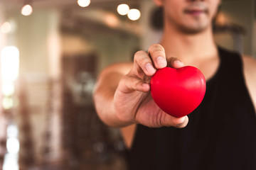 Happy sport man holding red heart in fitness gym club. Medical cardio heart strength training...