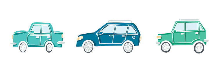 Cute illustration of a doodle car set. Pastel colored vector autos with white outline.
