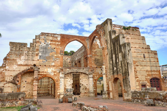 Scenic view of ruins in old colonial capital of Dominican Republic. Beautiful summer look of remains of building in historic center of old town in Santo Domingo. 