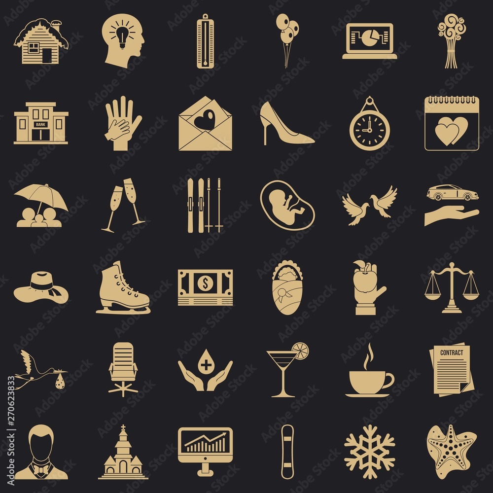 Poster happiness icons set. simple style of 36 happiness vector icons for web for any design