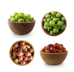 Gooseberries fruits isolated on white background. Gooseberries in a bowl with copy space for text. Red and green gooseberries close-up. Background berry. Sweet and juicy berry.