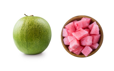 Watermelon isolated on white background. Watermelon slices on a wooden bowl. Sweet and juicy fruit...