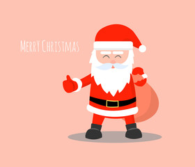 Santa Claus isolated on a pink background. Santa Claus is carrying a gift bag for the children.