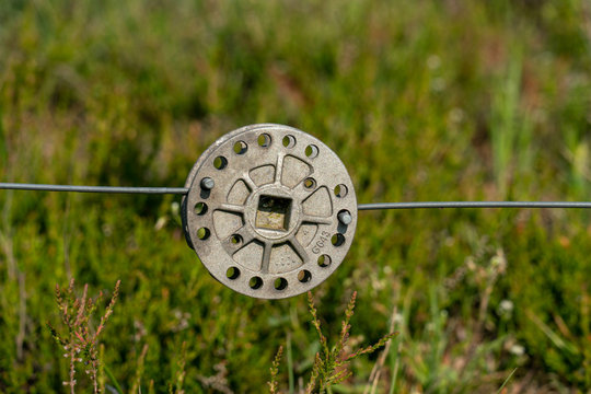 Runder Metall Drahtspanner an Drahtzaun um Weideland auf Farmland