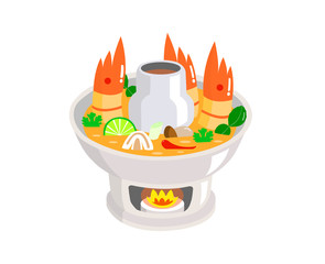 Tom Yum Kung in hot pot isolated on white background.