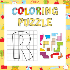 Alphabet Coloring Puzzle. Logic and Writing Educational Exercise. Fine Motor Skills Worksheet. Vector illustration.