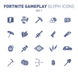 Popular epic game glyph icons. Vector illustration of military facilities. Robot, pickaxe, crystal, and weapons. Solid flat design. Set 1 of blue icons isolated on white background.