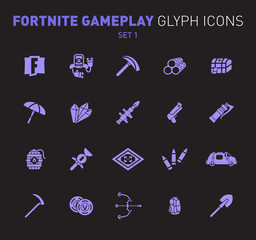 Popular epic game glyph icons. Vector illustration of military facilities. Robot, Slurp Juice, logs, aid kit, and weapons. Solid flat design. Set 1 of violet icons isolated on black background.