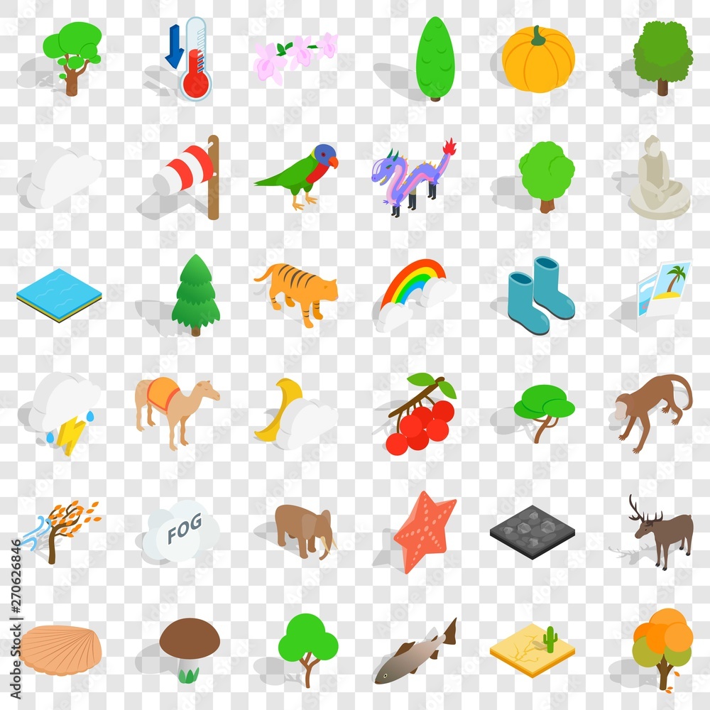 Poster zoo icons set. isometric style of 36 zoo vector icons for web for any design