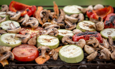 Grill party in a garden.  Healthy food preparing outdoors on summer or spring picnic.