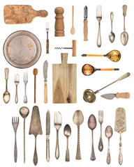 Vintage Silverware, antique spoons, forks, knives, ladle, cake shovels, kettle, tray and ice bucket isolated on isolated white background. Antique silverware. Retro.